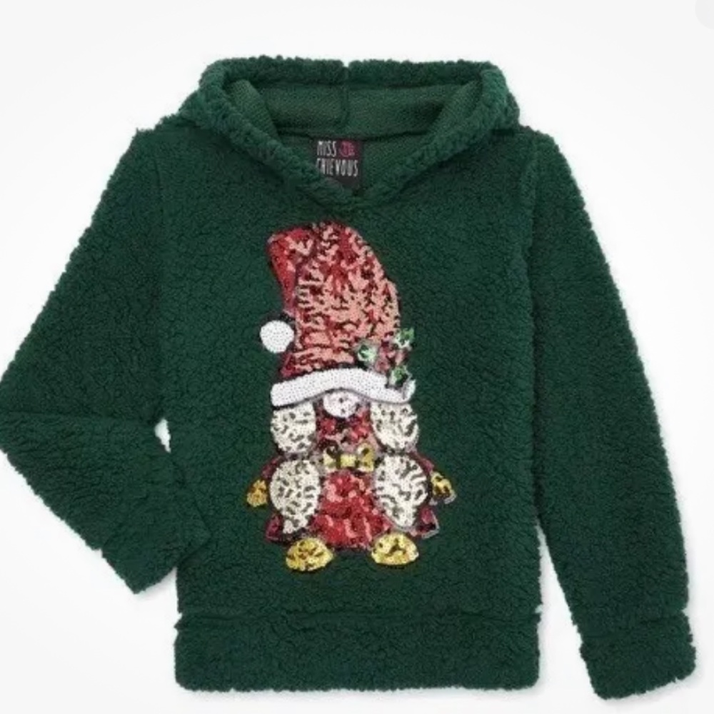 Miss Chievous Sequin Hunter Green Gnome Sherpa Hoodie Size Small (6-6X) NEW